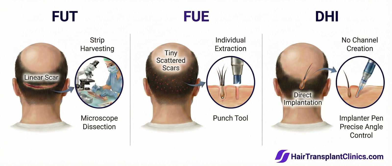 A Comparison of FUE, FUT and DHI Hair Transplantation Techniques A Comparison of FUE, FUT and DHI Hair Transplantation Techniques